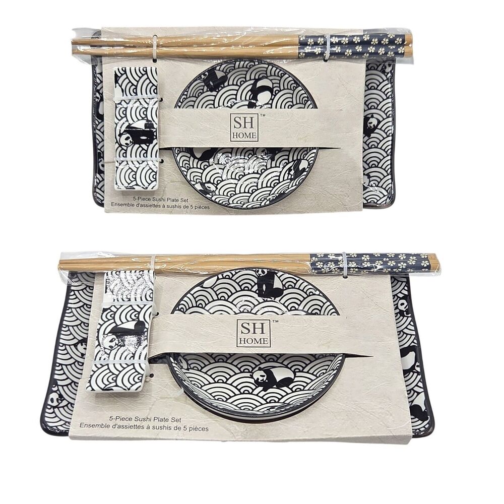 SH Home 10pcs Ceramic Sushi Plate Set of 2 Waves & Pandas Black White 8"x4.5"